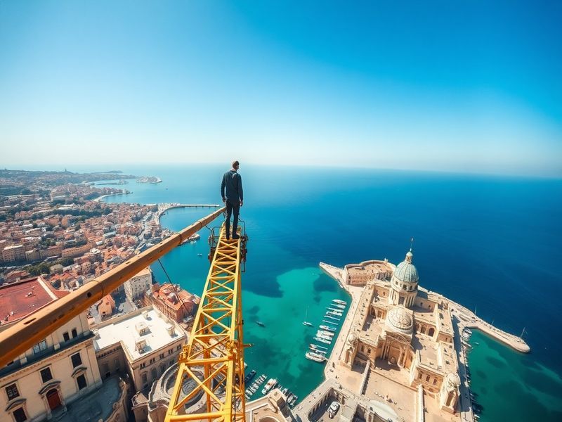 Malta Bird's eye view - Man walks on top of Valletta tower crane