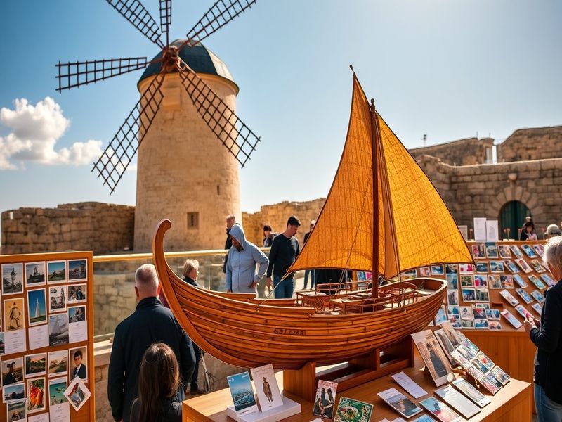 Malta Gozo boat on cards and stamps exhibited at Xewkija Windmill