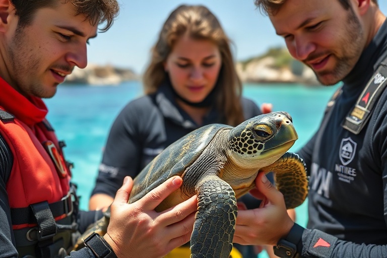 Malta Life Guards, Nature Trust Rescue Turtle in Little Armier